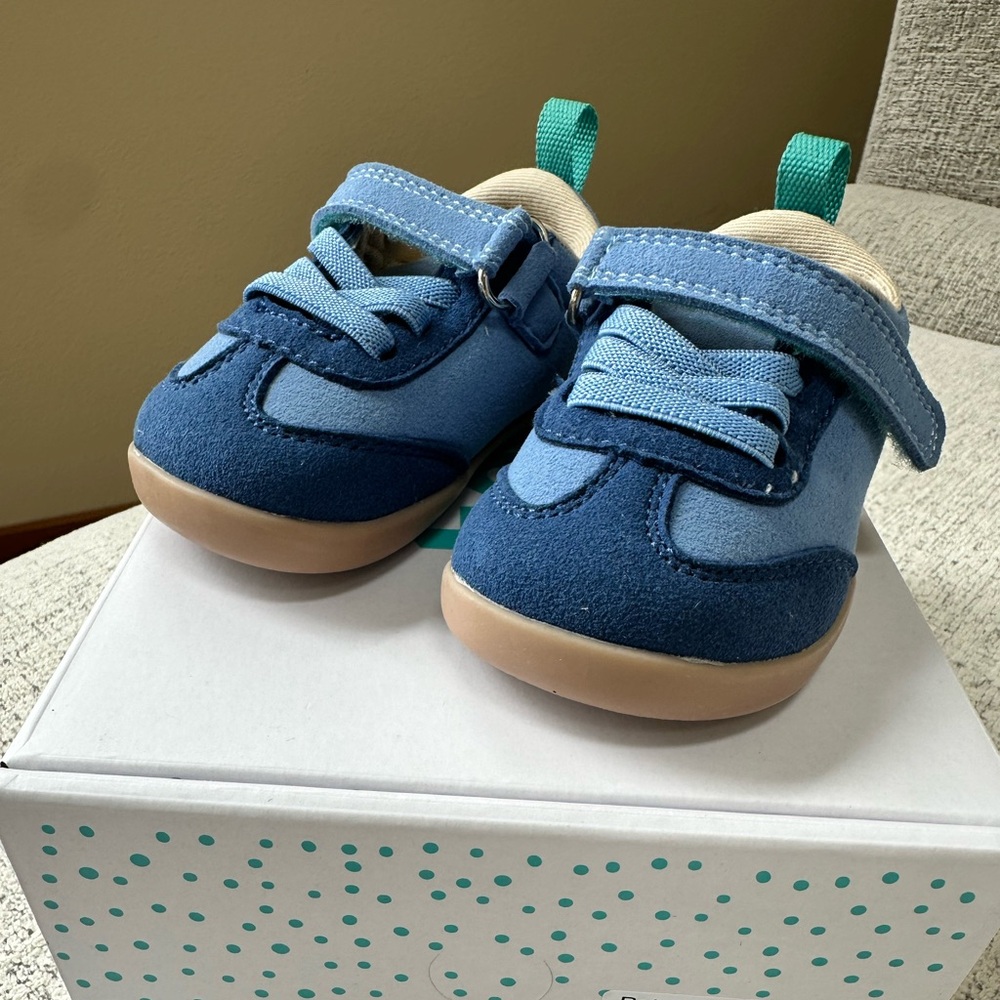 Blue Suede & Canvas Baby Walker Shoes with Hook-and-Loop Strap